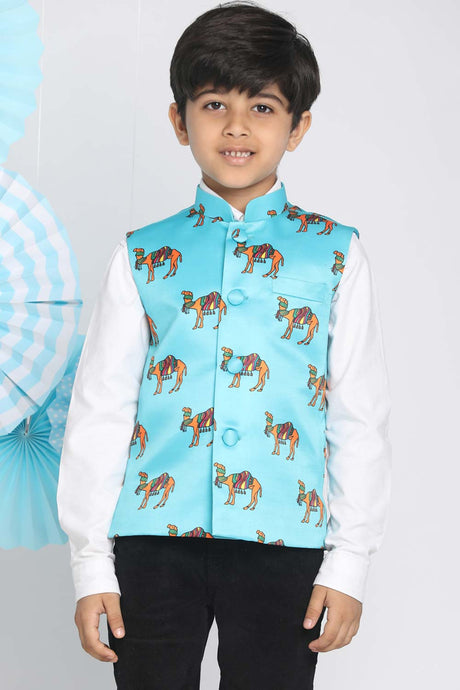 Buy Boy's Satin Animal Print Nehru Jacket in Blue