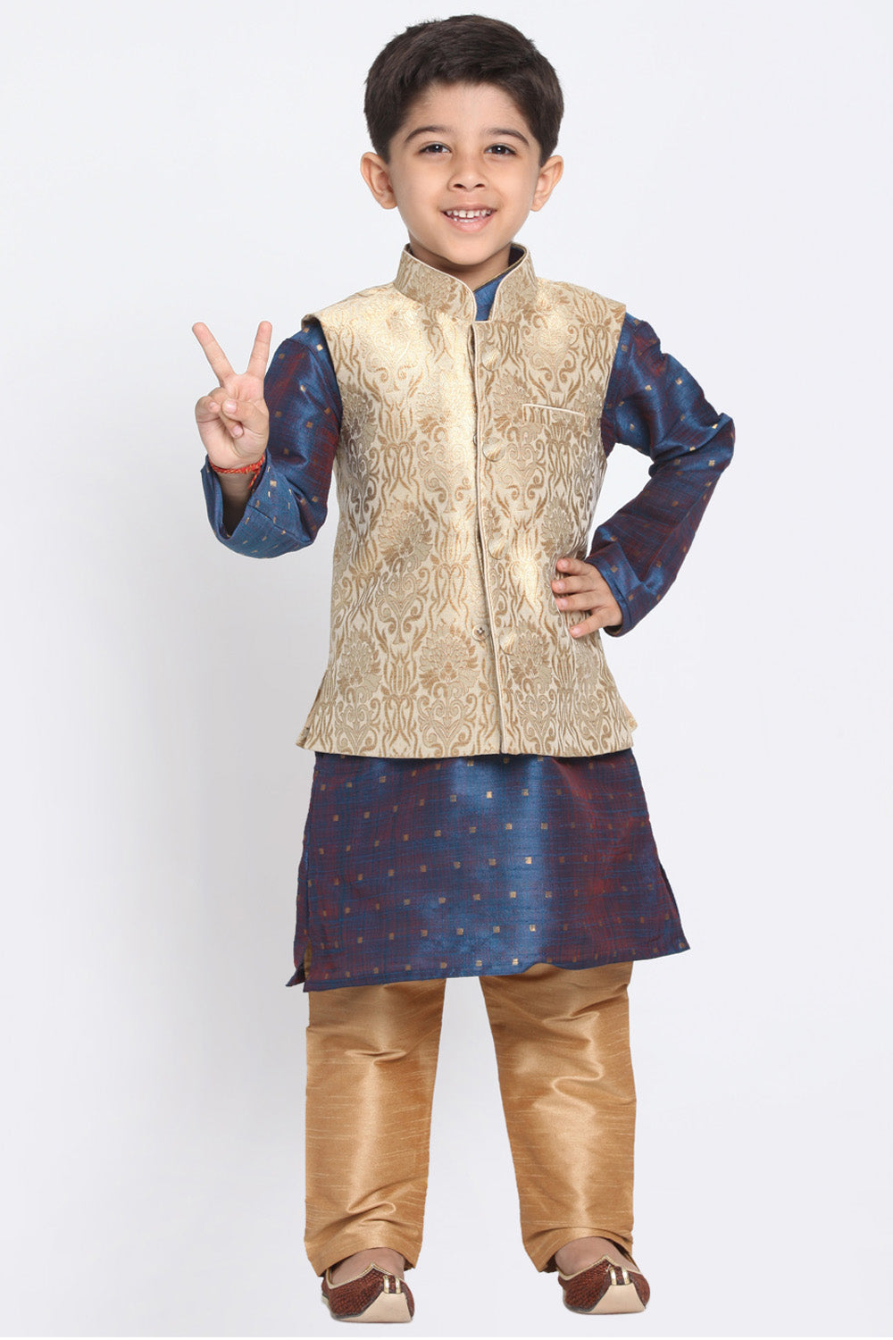 Boy's Cotton Art Silk Kurta Set In Gold