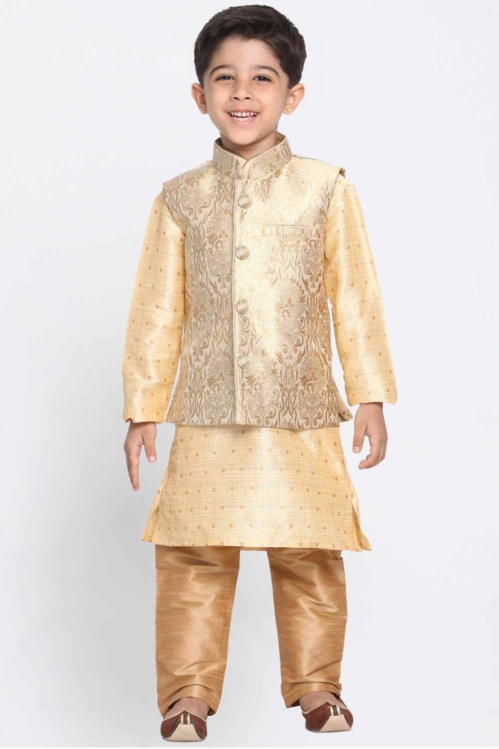 Boy's Cotton Art Silk Kurta Set In Gold