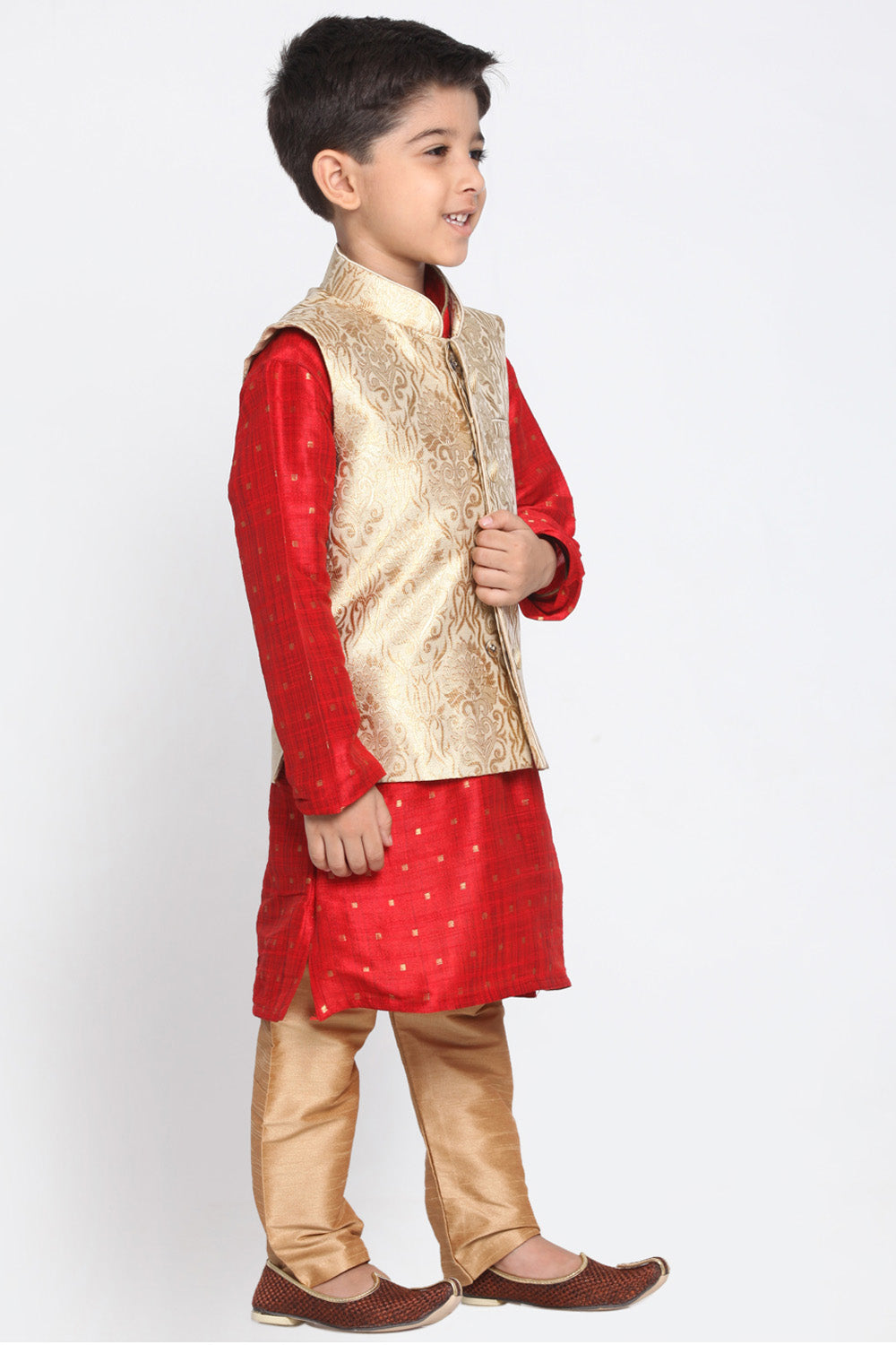 Boy's Cotton Art Silk Kurta Set In Gold