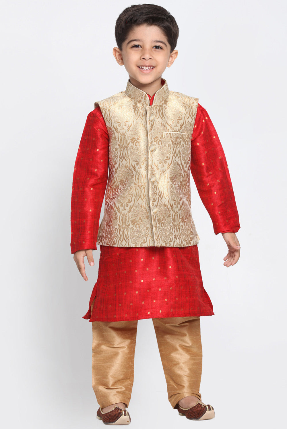 Boy's Cotton Art Silk Kurta Set In Gold