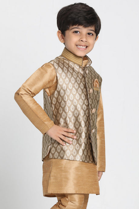 Boy's Cotton Art Silk Nehru Jacket in Gold