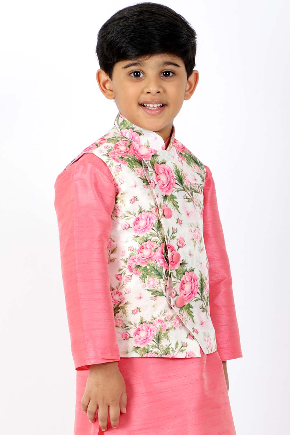 Buy Boy's Silk Blend Floral Print Nehru Jacket in Pink - Front