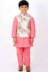 Buy Boy's Silk Blend Floral Print Nehru Jacket in Pink - Zoom in