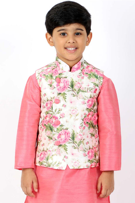 Buy Boy's Silk Blend Floral Print Nehru Jacket in Pink