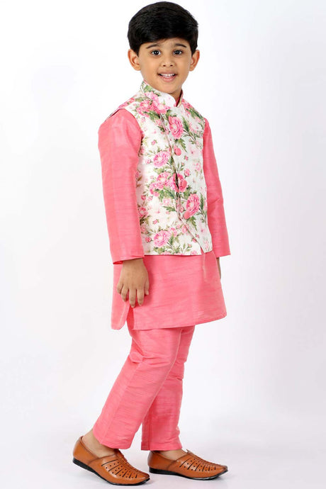 Buy Boy's Silk Blend Floral Print Kurta Set in Pink - Front