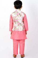 Buy Boy's Silk Blend Floral Print Kurta Set in Pink - Back