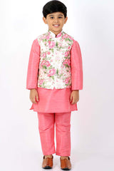 Buy Boy's Silk Blend Floral Print Kurta Set in Pink