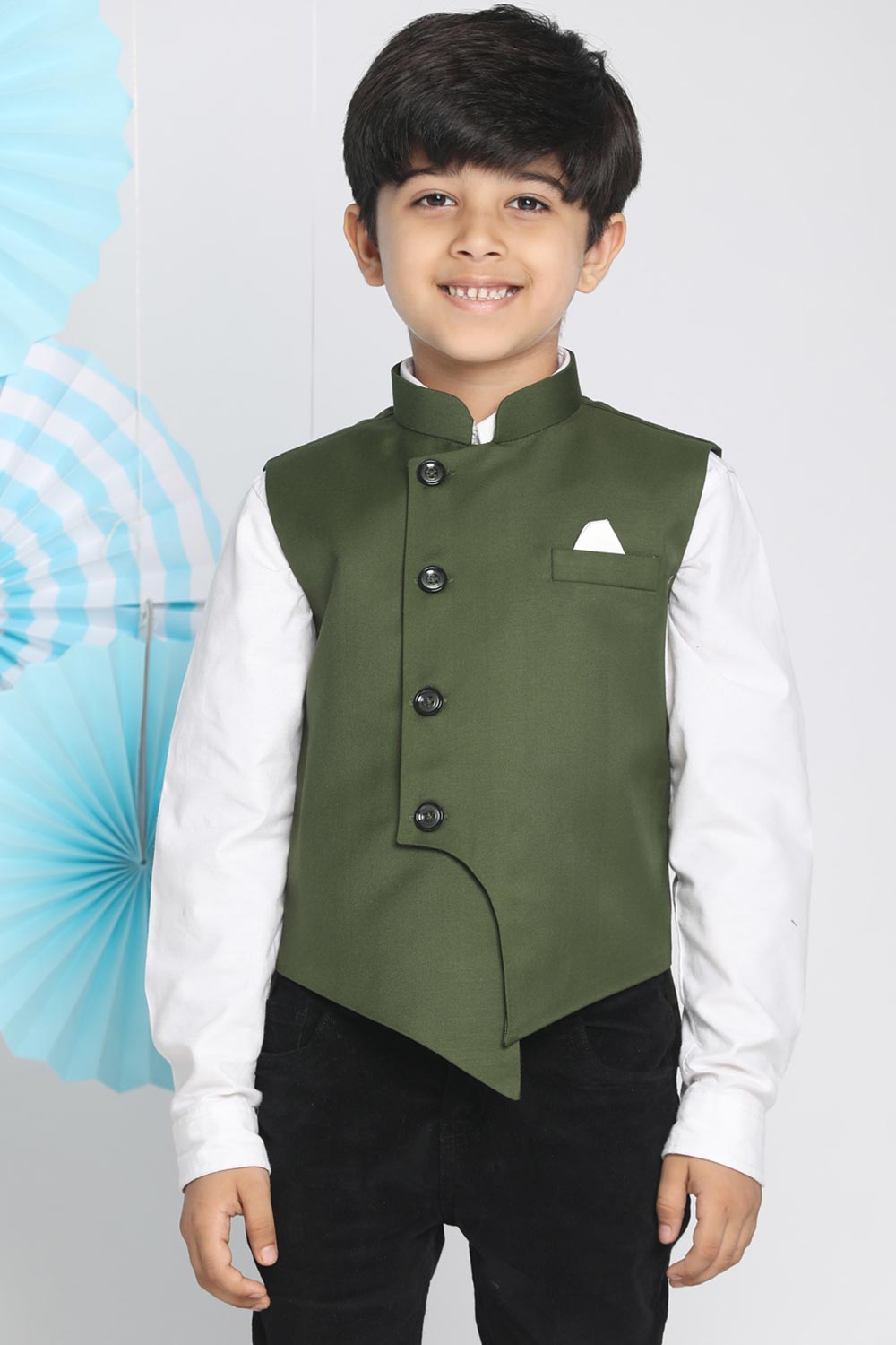 Buy Boys Blended Cotton Solid Nehru Jacket in Green