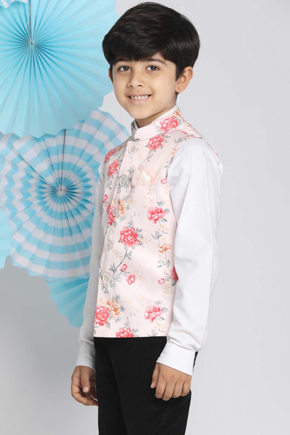 Buy Boy's Silk Blend Floral Print Nehru Jacket in Peach - Front