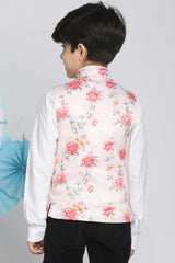 Buy Boy's Silk Blend Floral Print Nehru Jacket in Peach - Back
