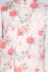 Buy Boy's Silk Blend Floral Print Nehru Jacket in Peach - Side