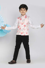 Buy Boy's Silk Blend Floral Print Nehru Jacket in Peach - Zoom in