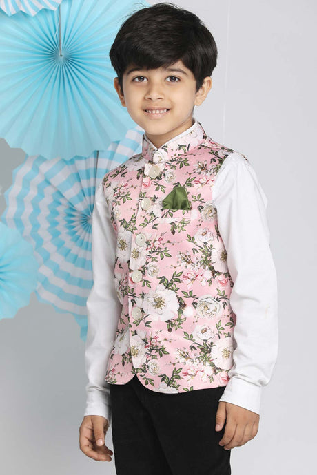 Buy Boy's Silk Blend Floral Print Nehru Jacket in Pink