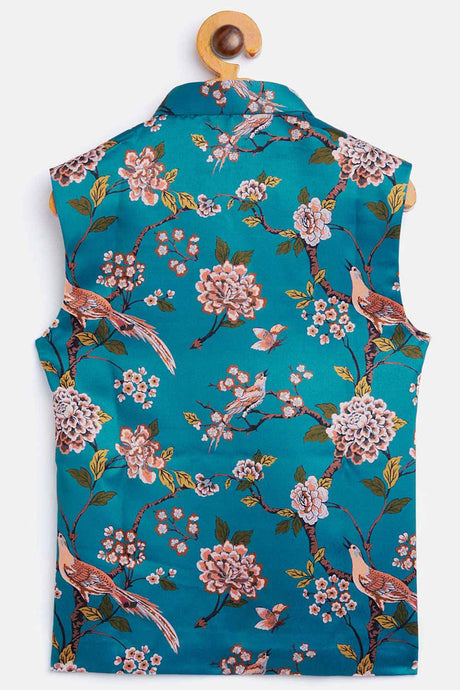 Buy Boy's Silk Blend Floral Print Nehru Jacket in Turquoise - Front