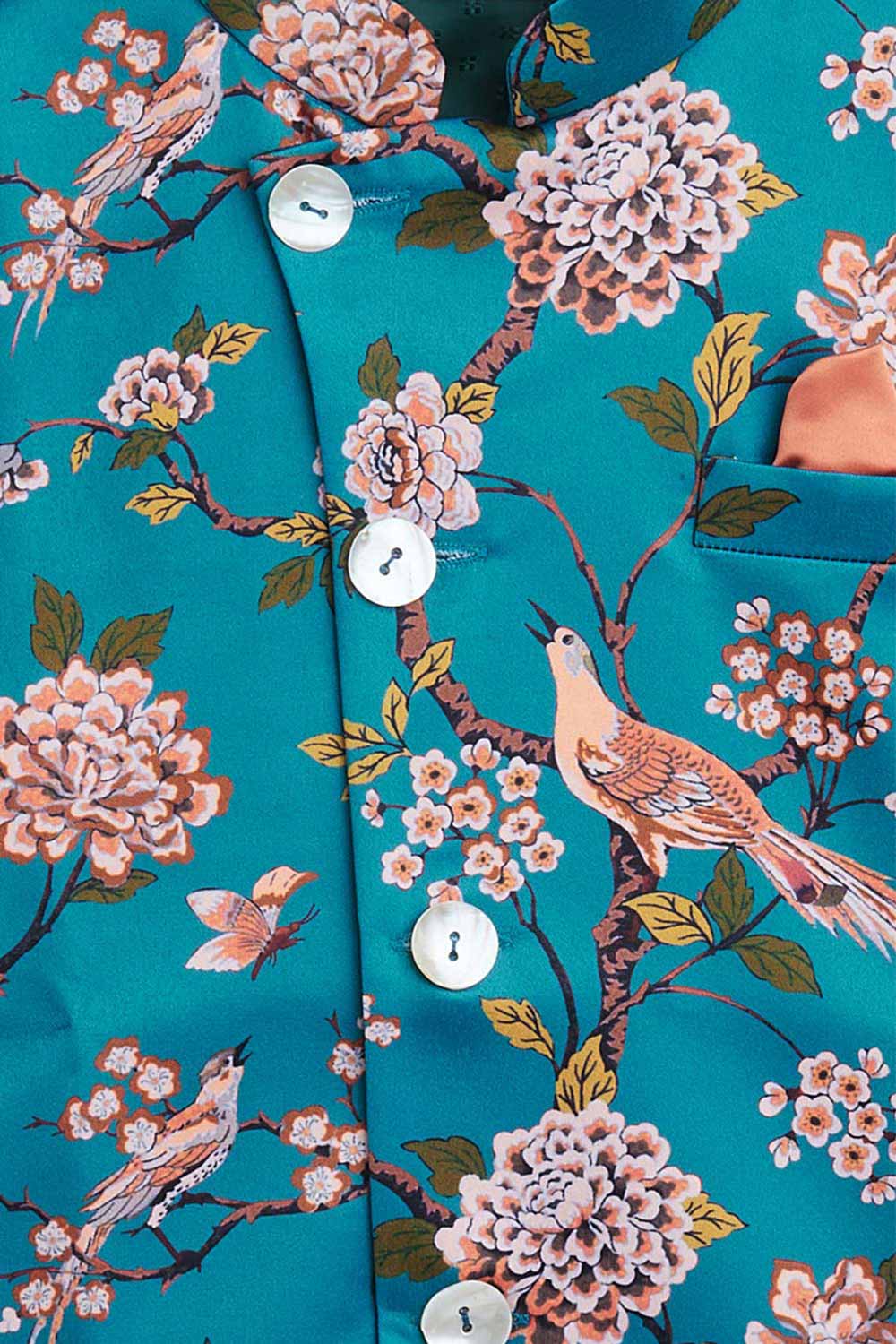 Buy Boy's Silk Blend Floral Print Nehru Jacket in Turquoise - Back