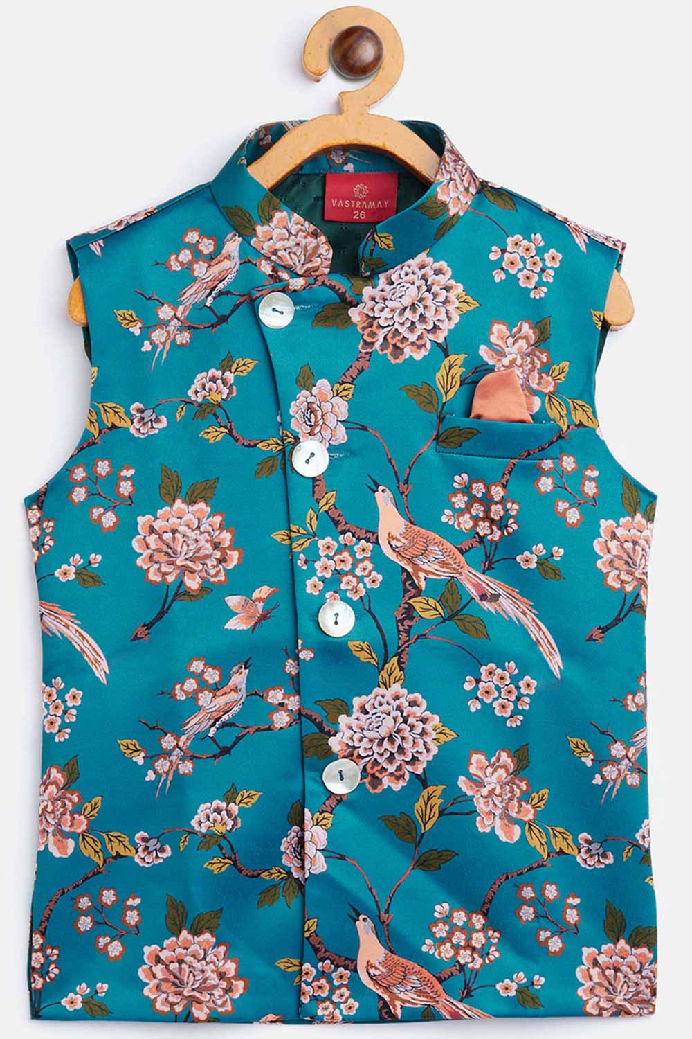 Buy Boy's Silk Blend Floral Print Nehru Jacket in Turquoise