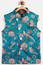 Buy Boy's Silk Blend Floral Print Nehru Jacket in Turquoise
