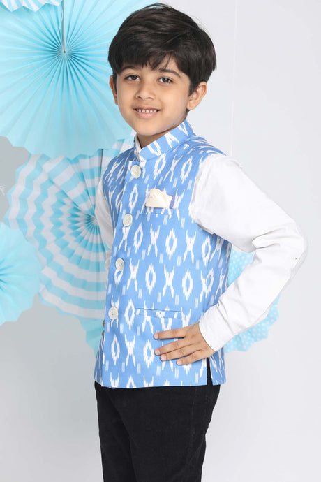 Buy Boy's Cotton Ikkat Nehru Jacket in Aqua Blue - Front