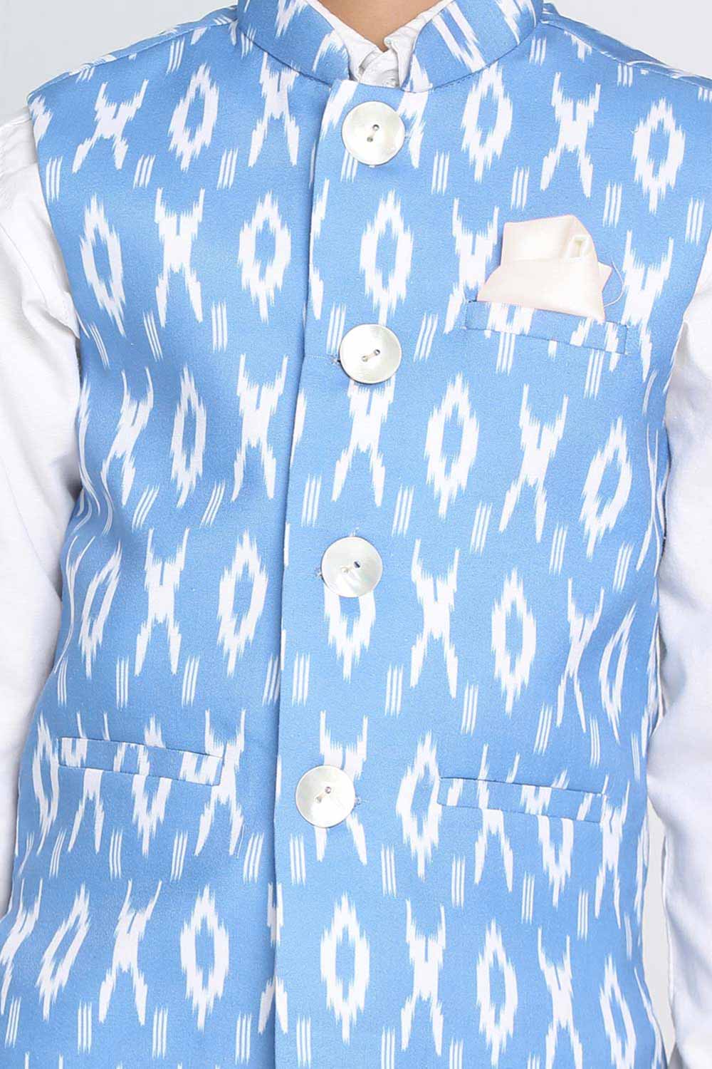 Buy Boy's Cotton Ikkat Nehru Jacket in Aqua Blue - Side