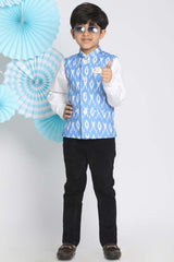 Buy Boy's Cotton Ikkat Nehru Jacket in Aqua Blue - Zoom in