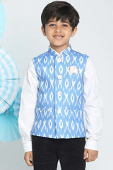 Buy Boy's Cotton Ikkat Nehru Jacket in Aqua Blue