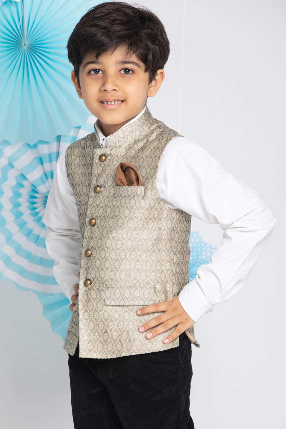 Buy Boy's Silk Blend Woven Design Nehru Jacket in Beige - Front