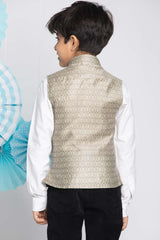 Buy Boy's Silk Blend Woven Design Nehru Jacket in Beige - Back