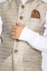 Buy Boy's Silk Blend Woven Design Nehru Jacket in Beige - Side