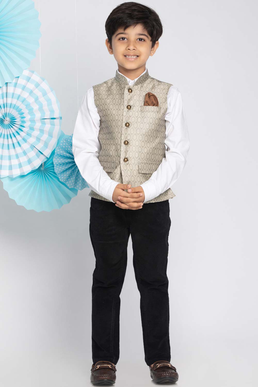 Buy Boy's Silk Blend Woven Design Nehru Jacket in Beige - Zoom in