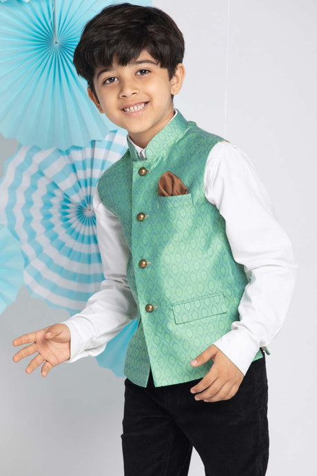 Buy Boy's Silk Blend Woven Design Nehru Jacket in Green - Front