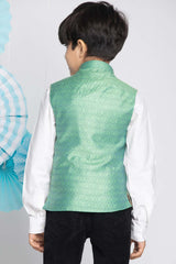 Buy Boy's Silk Blend Woven Design Nehru Jacket in Green - Back