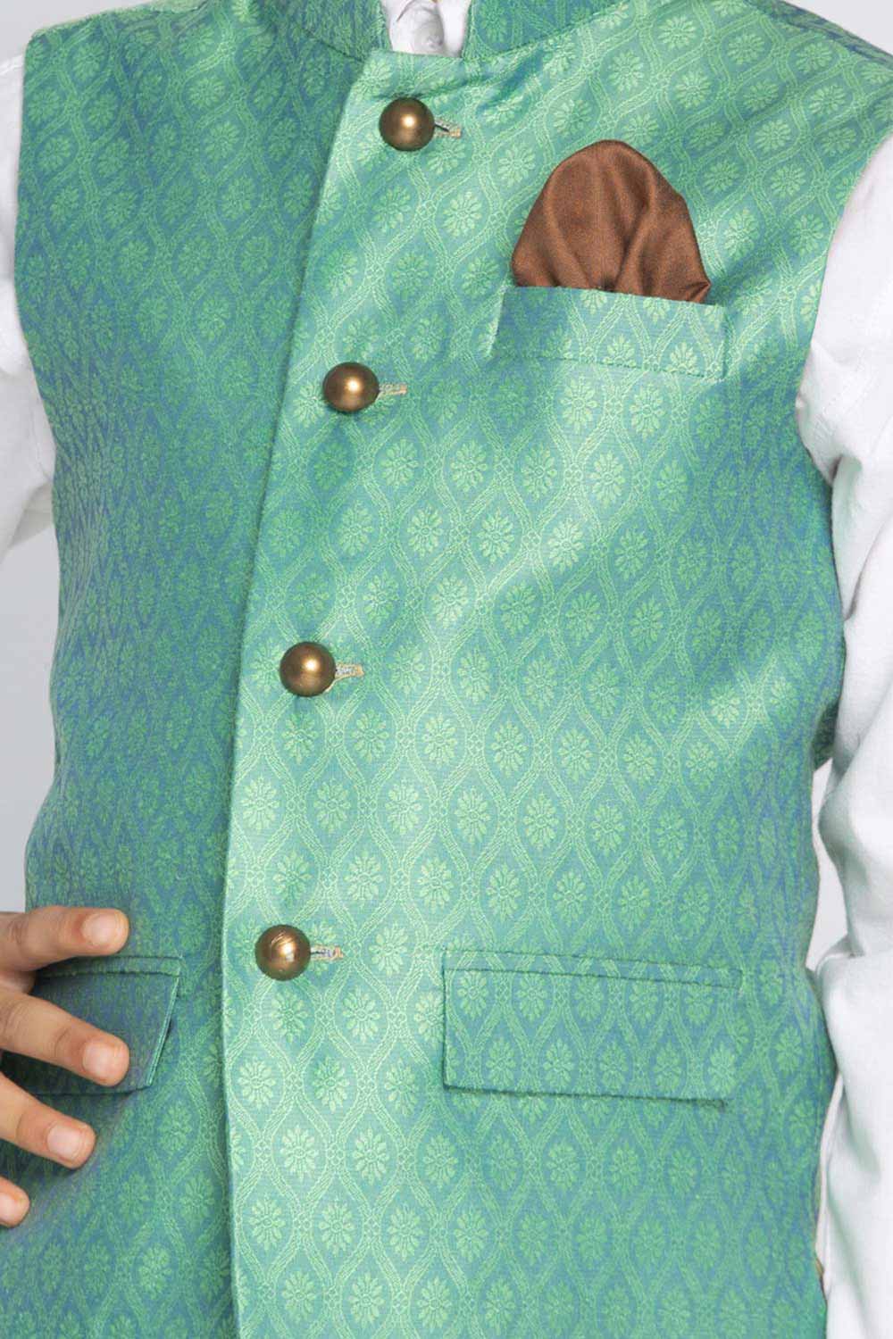 Buy Boy's Silk Blend Woven Design Nehru Jacket in Green - Side