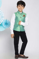 Buy Boy's Silk Blend Woven Design Nehru Jacket in Green - Zoom in