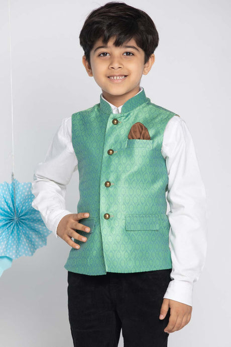 Buy Boy's Silk Blend Woven Design Nehru Jacket in Green