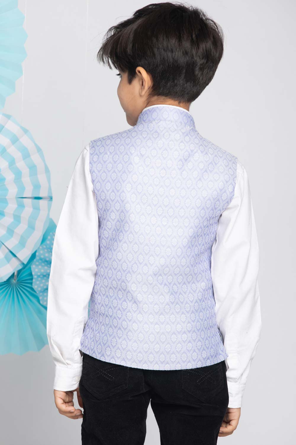 Buy Boy's Silk Blend Woven Design Nehru Jacket in Light Blue - Front