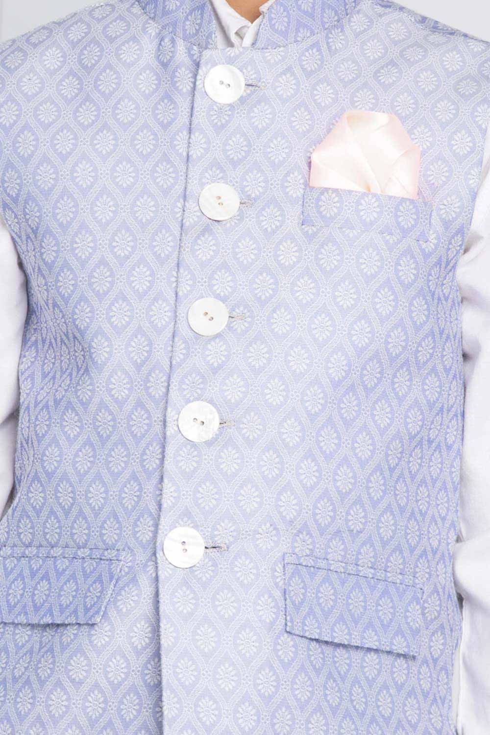 Buy Boy's Silk Blend Woven Design Nehru Jacket in Light Blue - Back