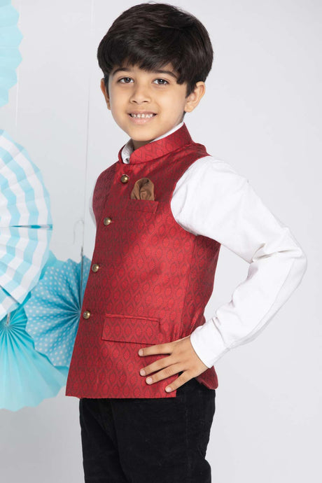 Buy Boy's Silk Blend Woven Design Nehru Jacket in Maroon - Front