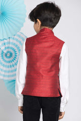 Buy Boy's Silk Blend Woven Design Nehru Jacket in Maroon - Back