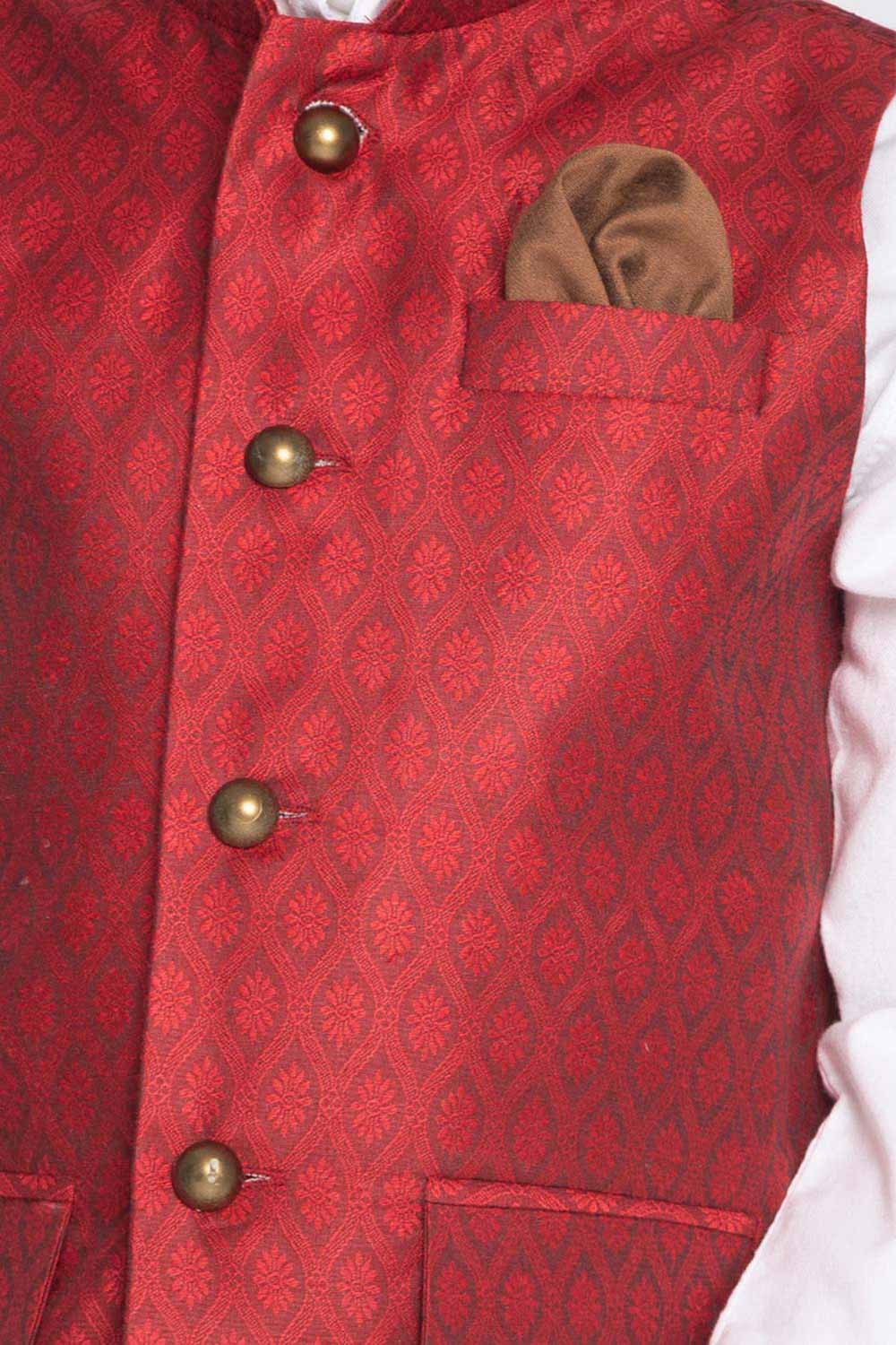 Buy Boy's Silk Blend Woven Design Nehru Jacket in Maroon - Side