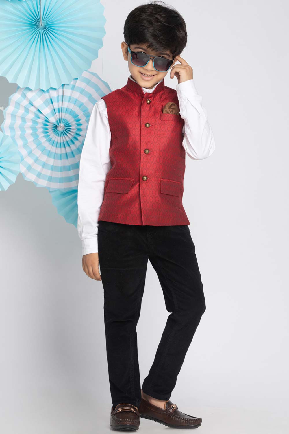 Buy Boy's Silk Blend Woven Design Nehru Jacket in Maroon - Zoom in