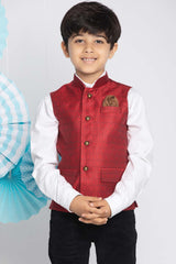 Buy Boy's Silk Blend Woven Design Nehru Jacket in Maroon
