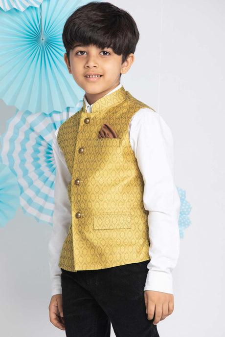 Buy Boy's Silk Blend Woven Design Nehru Jacket in Yellow - Front