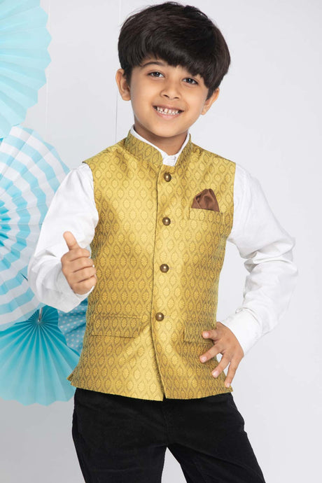 Buy Boy's Silk Blend Woven Design Nehru Jacket in Yellow