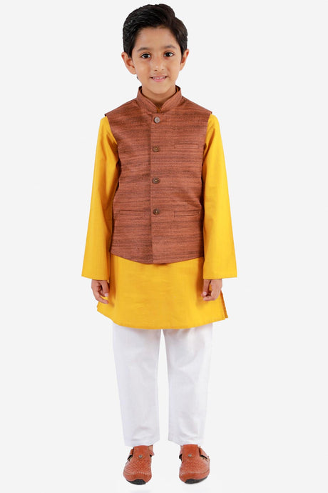 Buy Boys Blended Cotton Solid Kurta Pyjama Set in Mustard