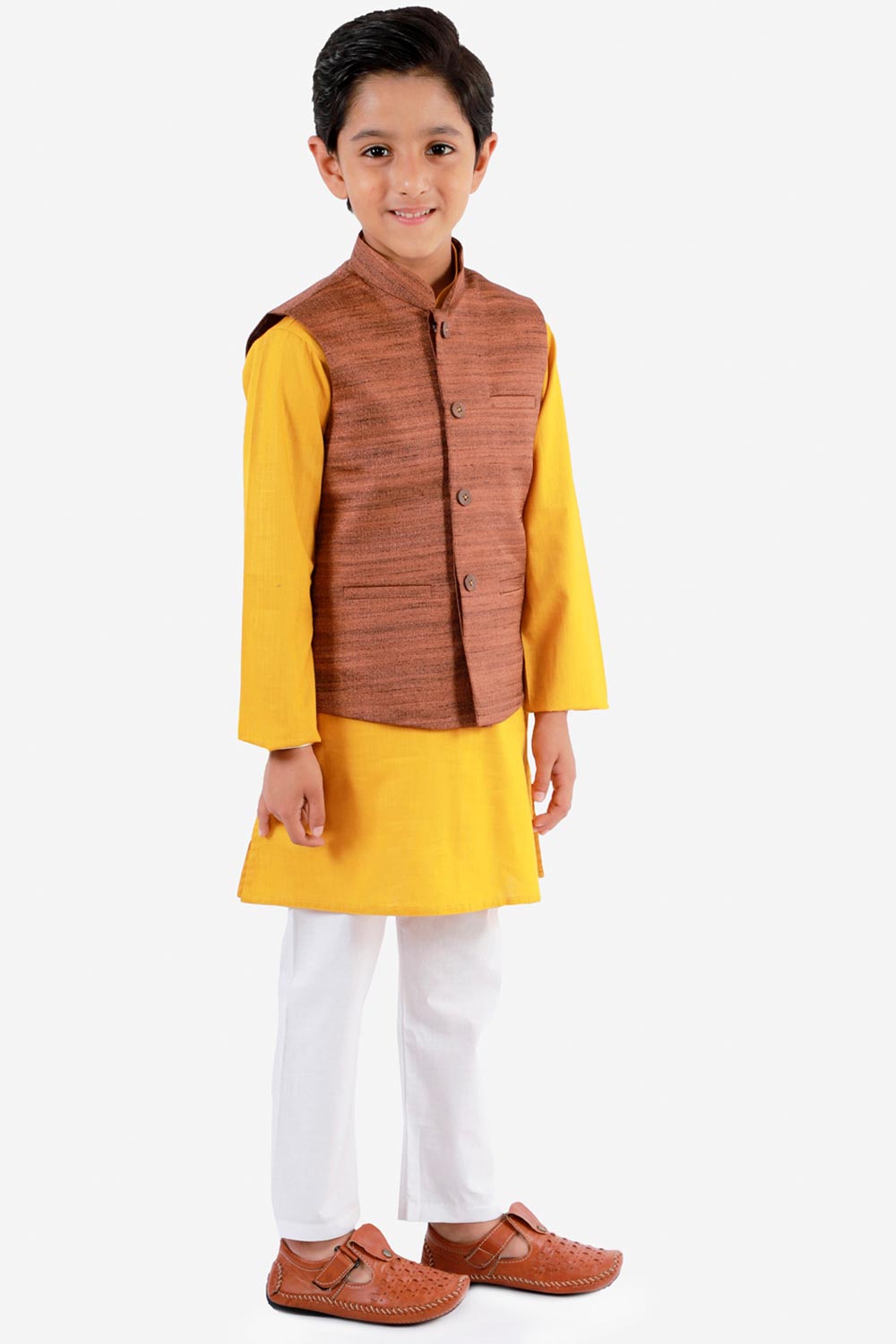 Shop Boys Solid Kurta Pyjama Set in Mustard