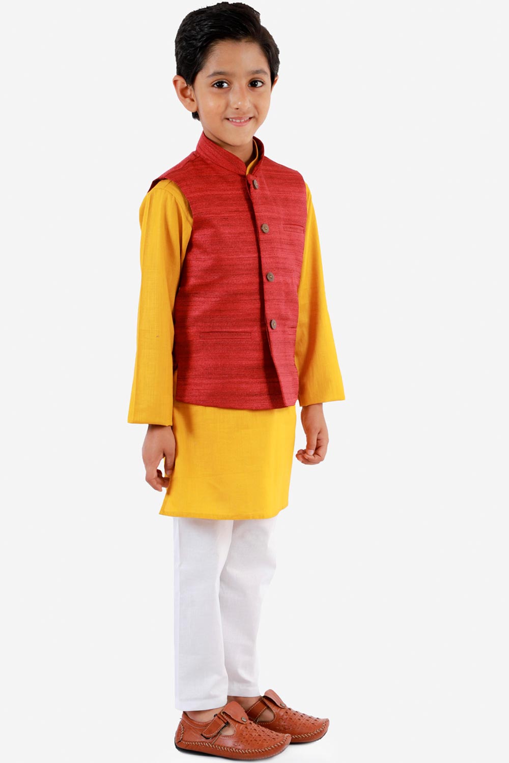 Shop Boys Solid Kurta Pyjama Set in Mustard