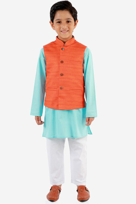 Buy Boys Blended Cotton Solid Kurta Pyjama Set in Aqua