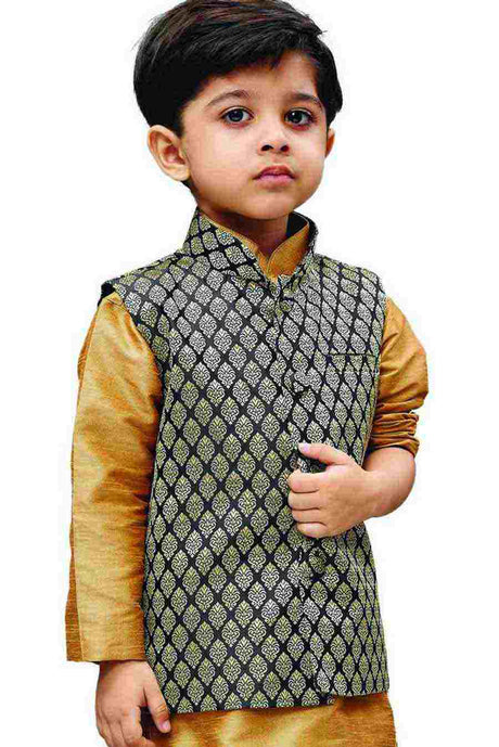 Boy's Art Silk Woven Design Nehru Jacket in Black