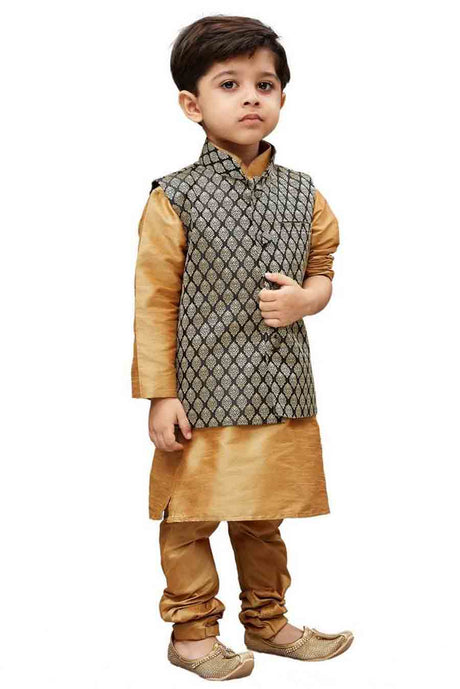 Boy's Cotton Art Silk Solid Kurta and Pyjama Set in Gold